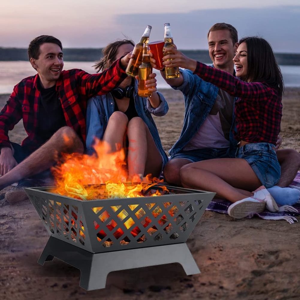 32-Inch Heavy-Duty Square Fire Pit with Cooking Grill Grate