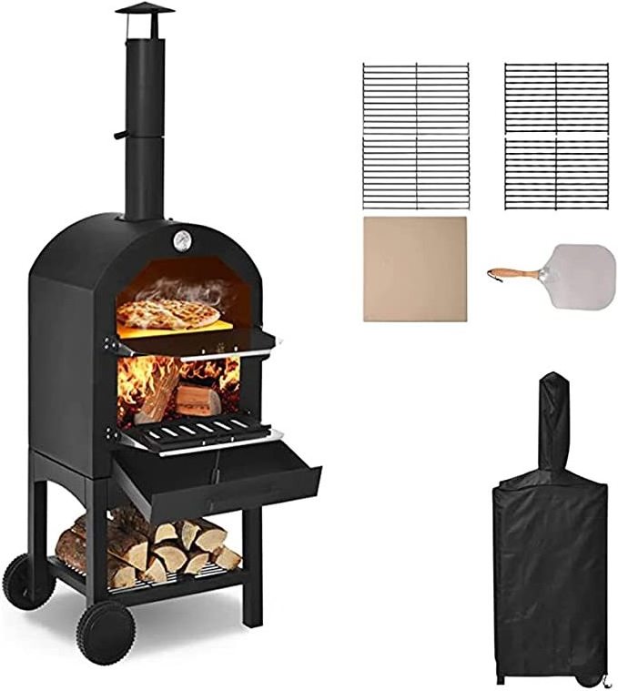 Multi-Functional BBQ Smoker & Wood Fired Pizza Oven with wheel