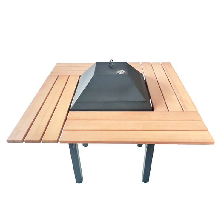 Multi-Function Wooden Table with BBQ Grill Charcoal Fire Pit Table Outdoor Dining