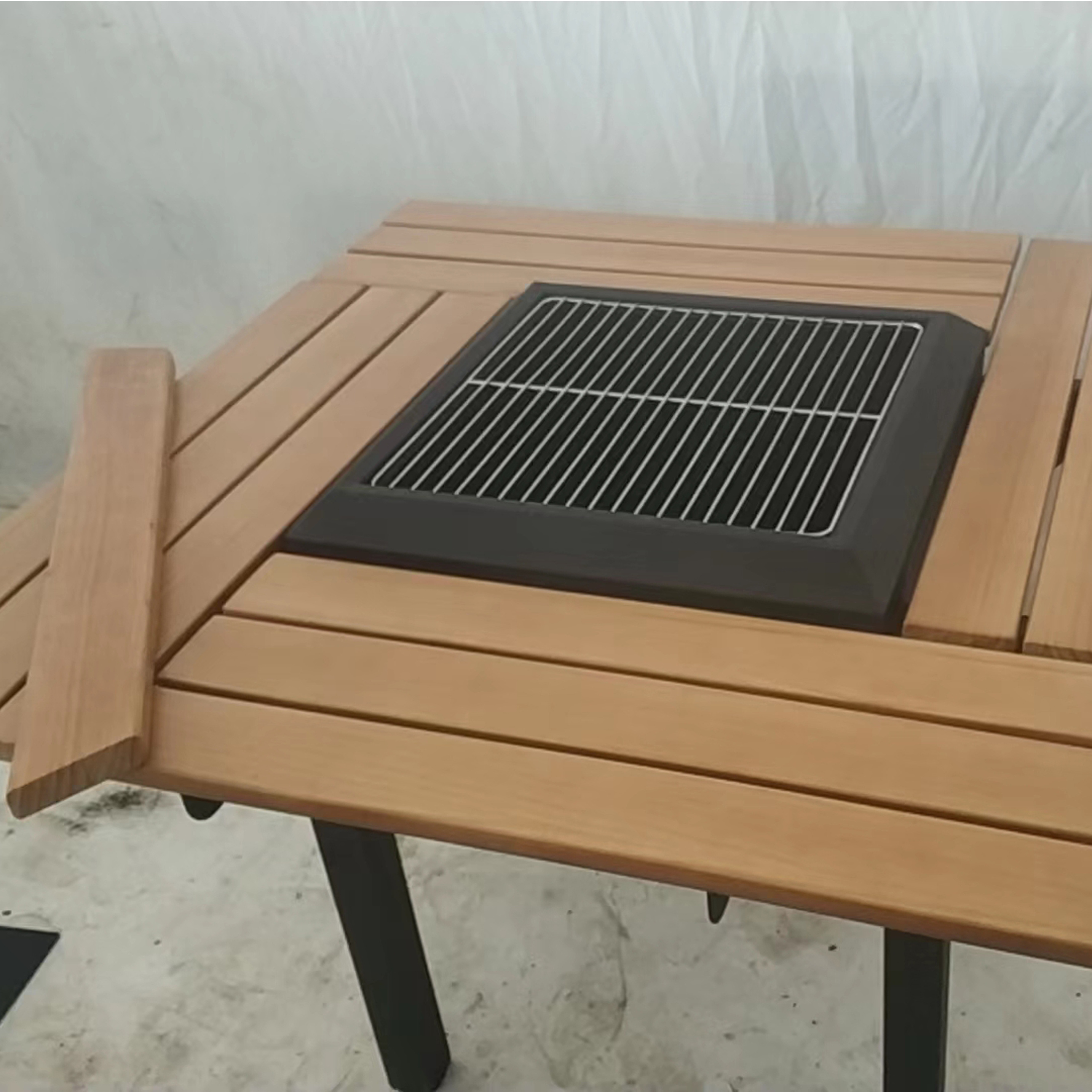 Multi-Function Wooden Table with BBQ Grill Charcoal Fire Pit Table Outdoor Dining