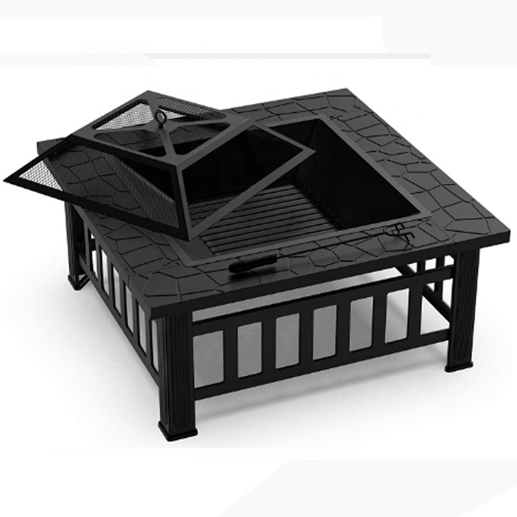 Outdoor Fire Pit Metal Square Firepit Patio Stove with Spark Screen Cover