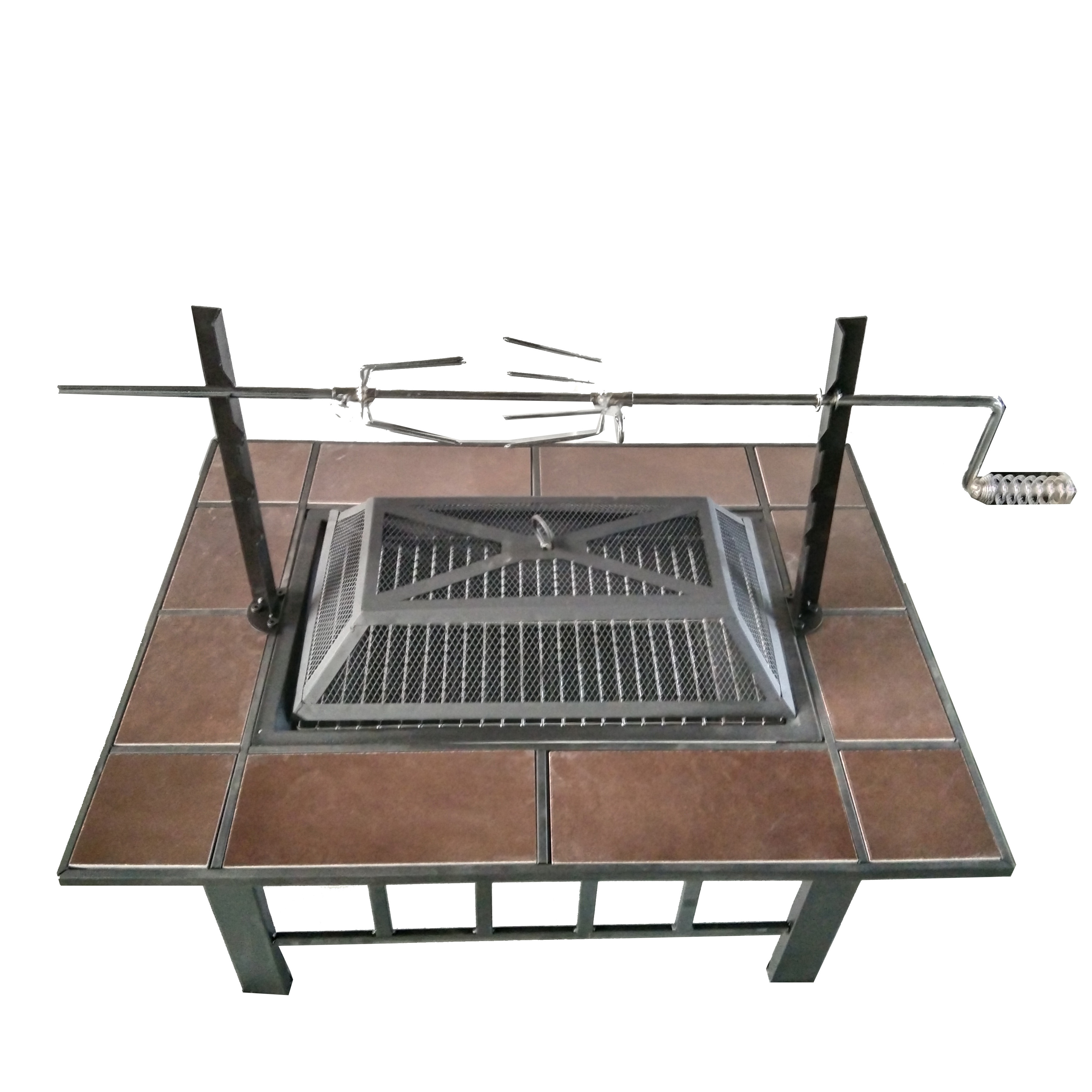 Kingjoy slate table top BBQ grill rotisserie fire pit bowl wood burning heater spark screen table bonfire grill rotisserie stand