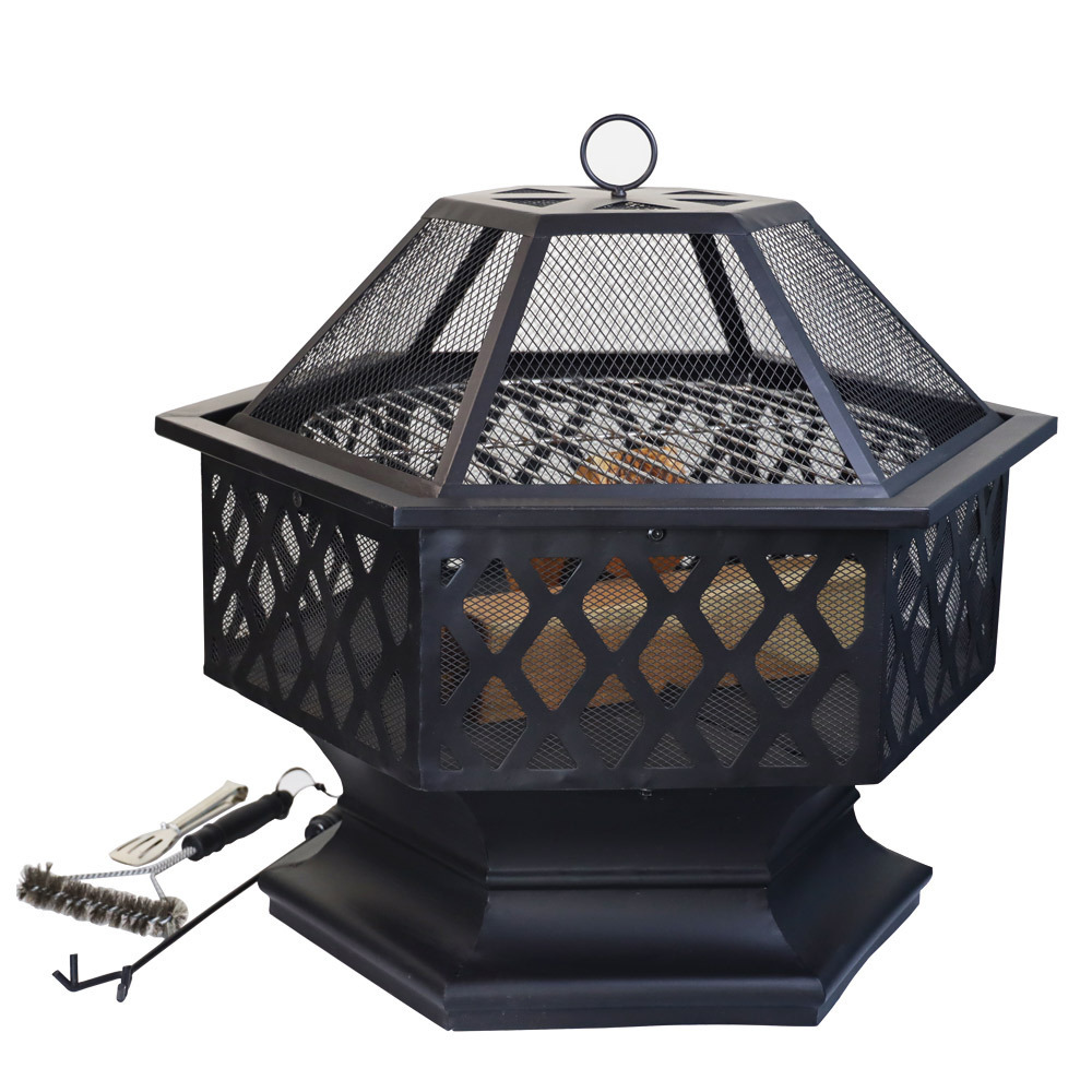 Kingjoy Outdoor Barbecue Brazier Hexagon Steel Wood Burning Bonfire Fire Pit Garden Grills