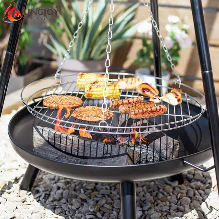 KingJoy camping steel round wood charcoal burning bbq grill fire pit with stainless steel tripod chain