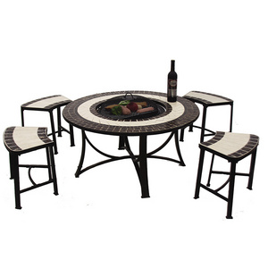 Kingjoy patio cast aluminum dining set with wood fueling BBQ grill round table