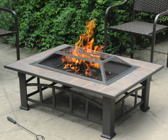 Outdoor Fire Pit Table Multiuse Square Patio BBQ Firepit with Spark Screen Lid Outside Wood Burning and picnic