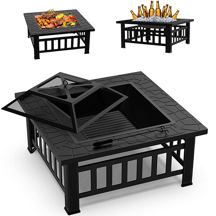 32 Inch Outdoor Square Metal Firepit Stove Wood Burning BBQ Fire Pit