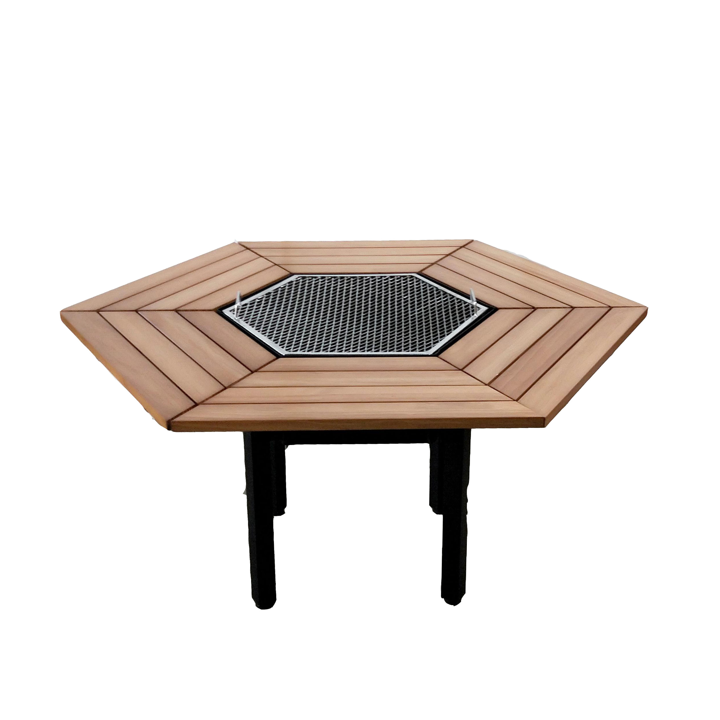 4 seat wooden fire pit table 304 stainless steel grill for backyard cooking BBQ