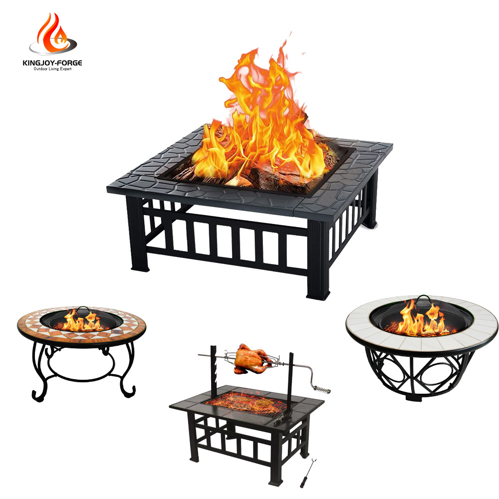 32in Outdoor Fire Pits Outside Wood Burning Firepit Square Metal Fireplace Table Fire Bowl with Grill