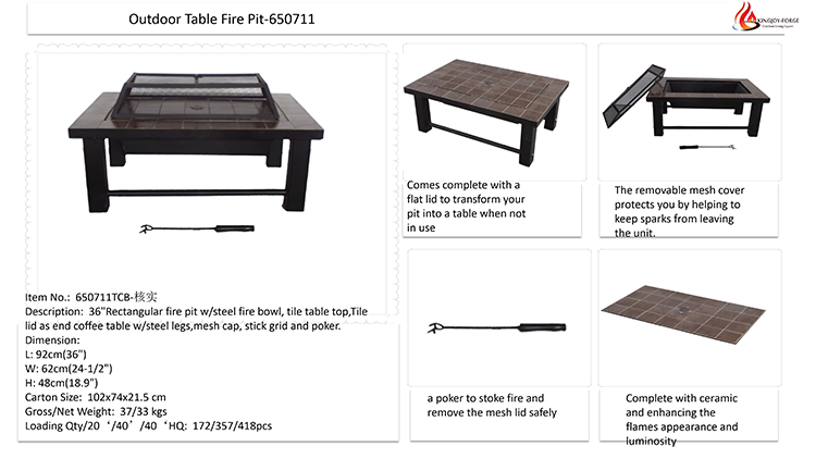 Rectangle outdoor fire pit table/fire pit table with ceramic tiles