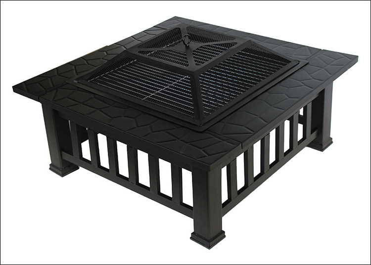 32 Inch Outdoor Square Metal Firepit Stove Wood Burning BBQ Fire Pit