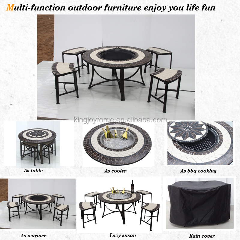 Kingjoy patio cast aluminum dining set with wood fueling BBQ grill round table