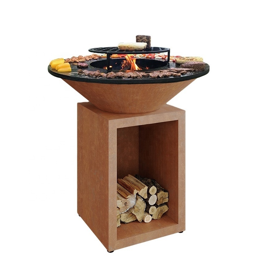 Rust fire pit cooking unit with BBQ stove