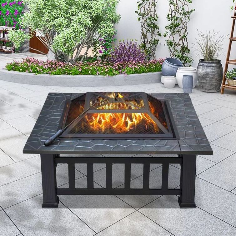 32in Outdoor Firepit Square Table Backyard Patio Garden Stove Wood Burning Fire Pit with Spark Screen, Log Poker and Cover