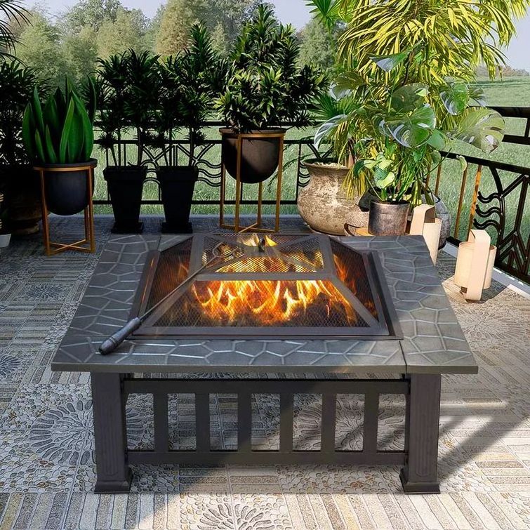 32in Outdoor Firepit Square Table Backyard Patio Garden Stove Wood Burning Fire Pit with Spark Screen, Log Poker and Cover