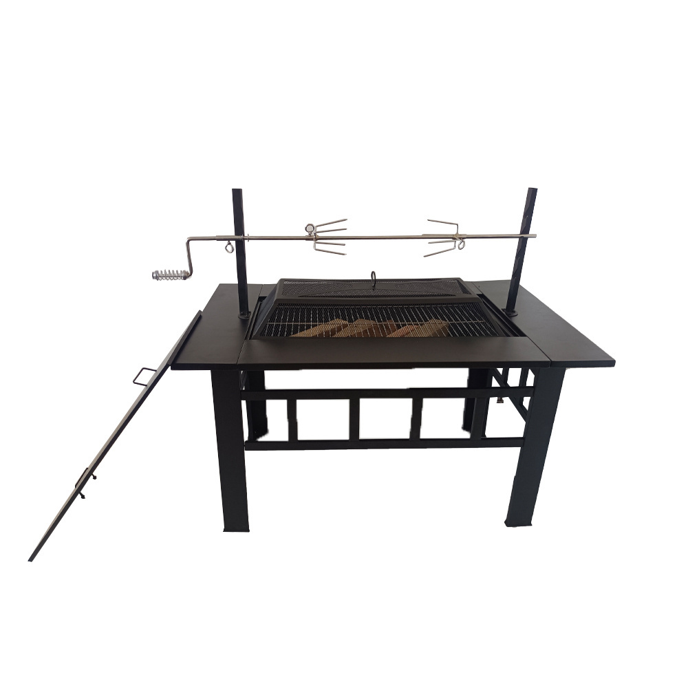 Outdoor Fire Pit Table Multiuse Square Patio BBQ Firepit with Spark Screen Lid Outside Wood Burning and picnic