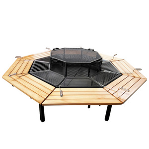 Outdoor 8 seat wooden fire pit table with BBQ grill