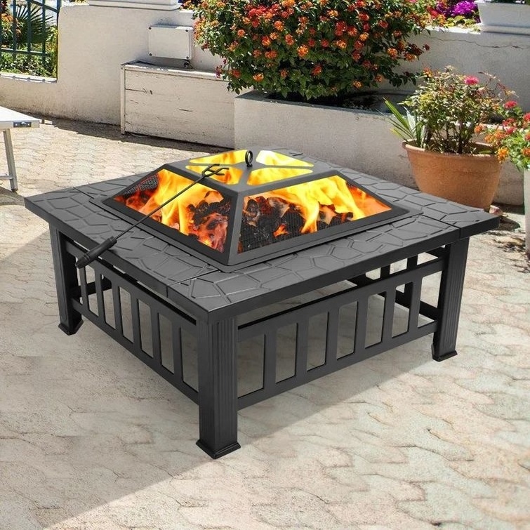 32in Outdoor Fire Pits Outside Wood Burning Firepit Square Metal Fireplace Table Fire Bowl with Grill