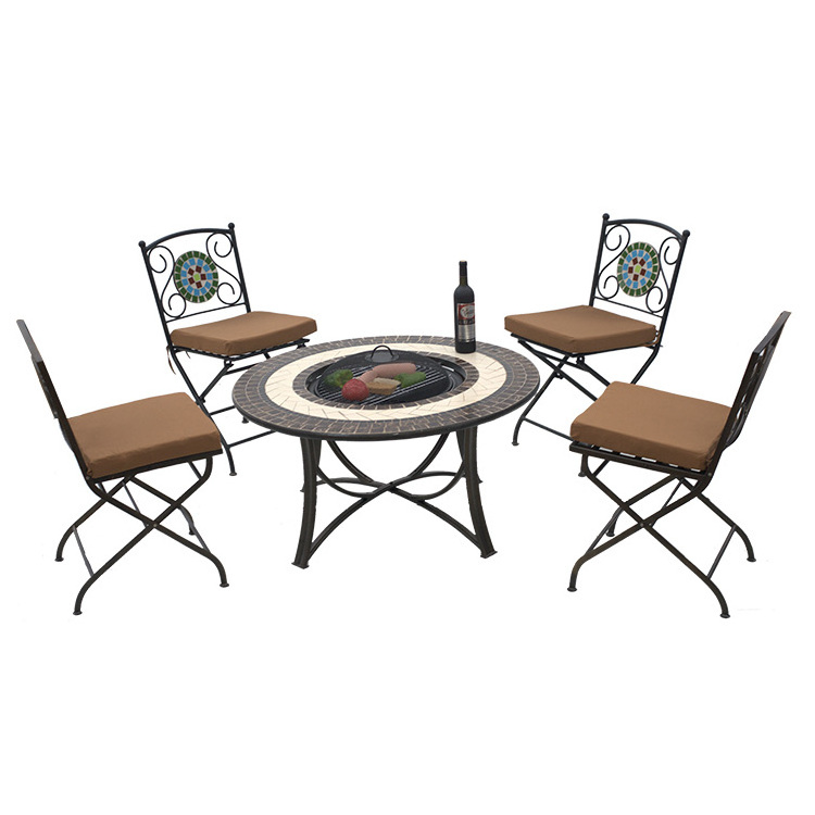 Kingjoy patio cast aluminum dining set with wood fueling BBQ grill round table