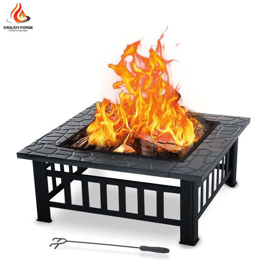 32in Outdoor Fire Pits Outside Wood Burning Firepit Square Metal Fireplace Table Fire Bowl with Grill