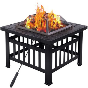 Outdoor Metal Top  Square Firepit Table with Spark Screen and Log Poker Cover