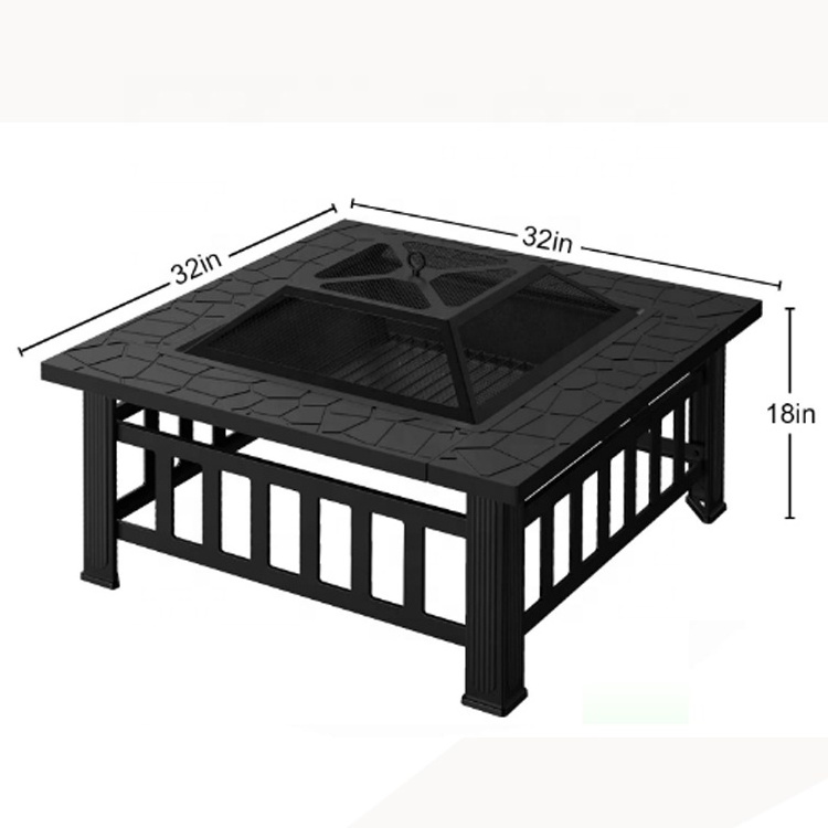 Outdoor Fire Pit Metal Square Firepit Patio Stove with Spark Screen Cover