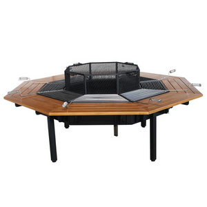 Top Fire Pit Table with BBQ Grill 8 Seater Wooden Steel, Wood All-season KD Structure Camping,party Patio,outdoor Stocked