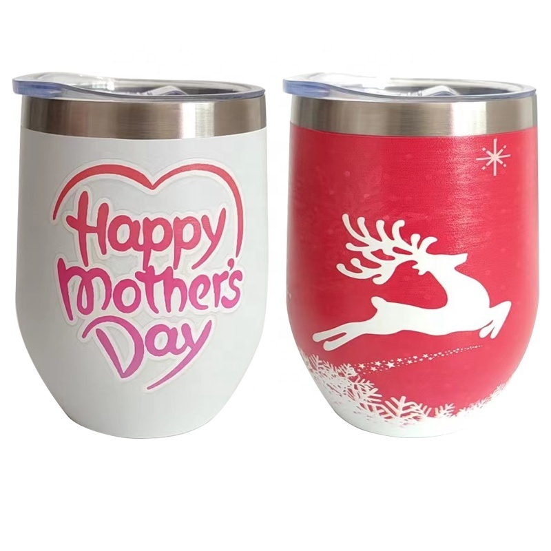 Top Seller Floral Travel Coffee 12oz Egg Shaped Vacuum Stainless Steel Wine Tumbler Cup Beer Mug 12 oz Wine Tumbler