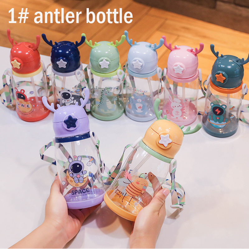 Antler Deer Horn Earphone Bear Whale Sippy Cup 16oz 500ml School Plastic Kid Water Bottles Bottle with Handle Straw for Kids