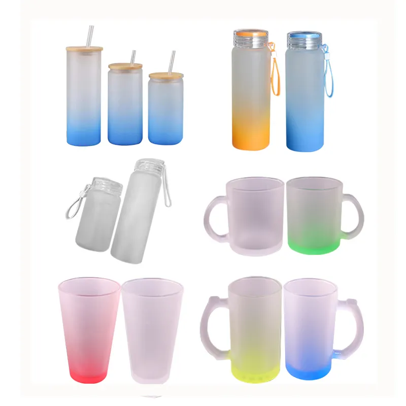 USA Warehouse 16oz Clear Travel Coffee Mug Gradient Colors 11oz Sublimation Frosted Glass Beer Mug Cup With Handle