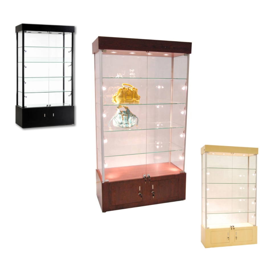 Full vision mdf slatwall and tempered glass smoke shop glass display cabinet showcases for handbags glass display showcase