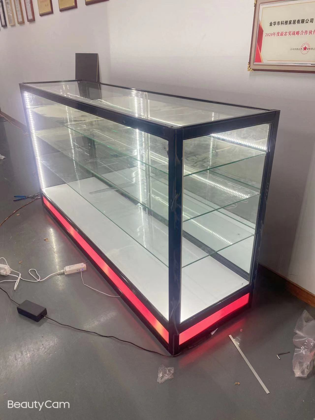 LED Smoke Shop Display with Sliding Mirror Door Aluminum Tempered Glass Cabinet for Retail Stores