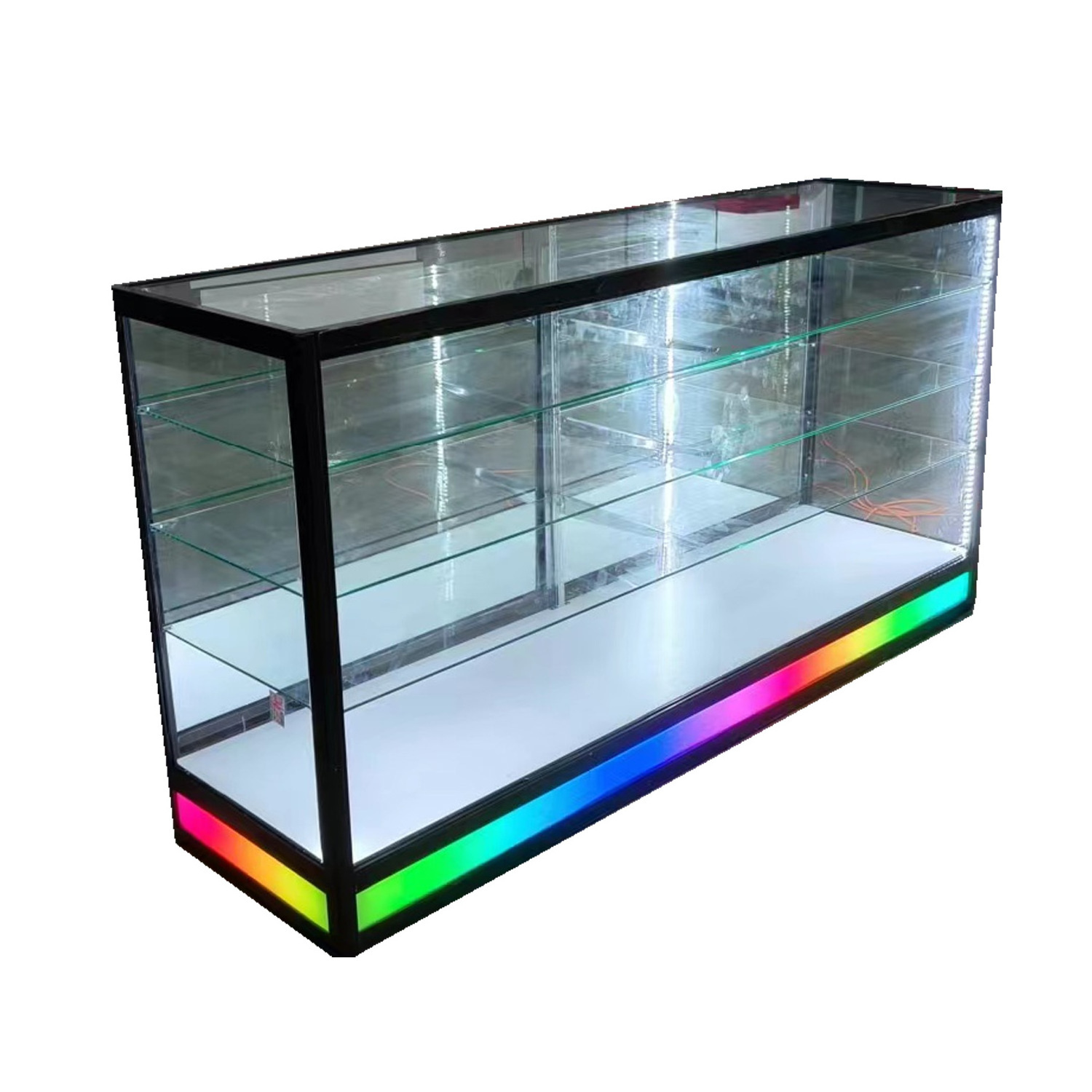 LED Smoke Shop Display with Sliding Mirror Door Aluminum Tempered Glass Cabinet for Retail Stores