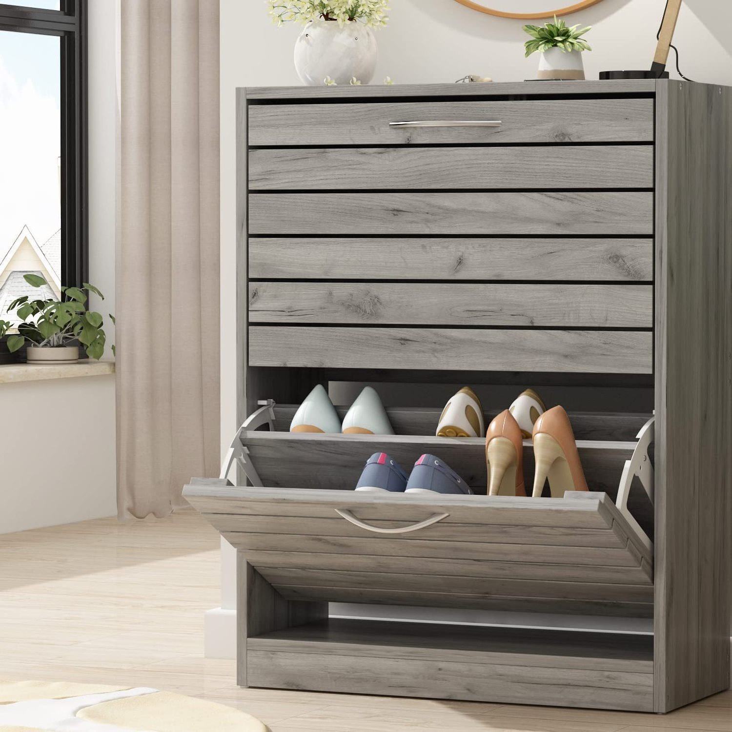 22.4 in. W x 29.5 in. H Gray Wood Louver Door Shoe Storage Cabinet with 2-Drawers for Entryway Hallway