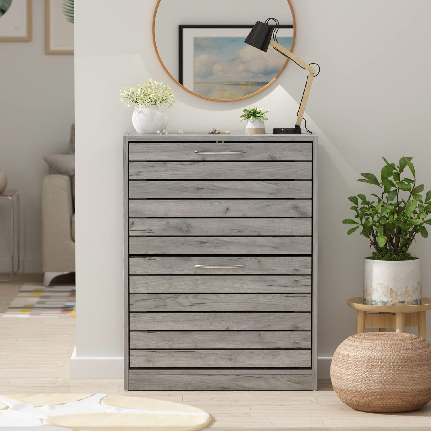 22.4 in. W x 29.5 in. H Gray Wood Louver Door Shoe Storage Cabinet with 2-Drawers for Entryway Hallway