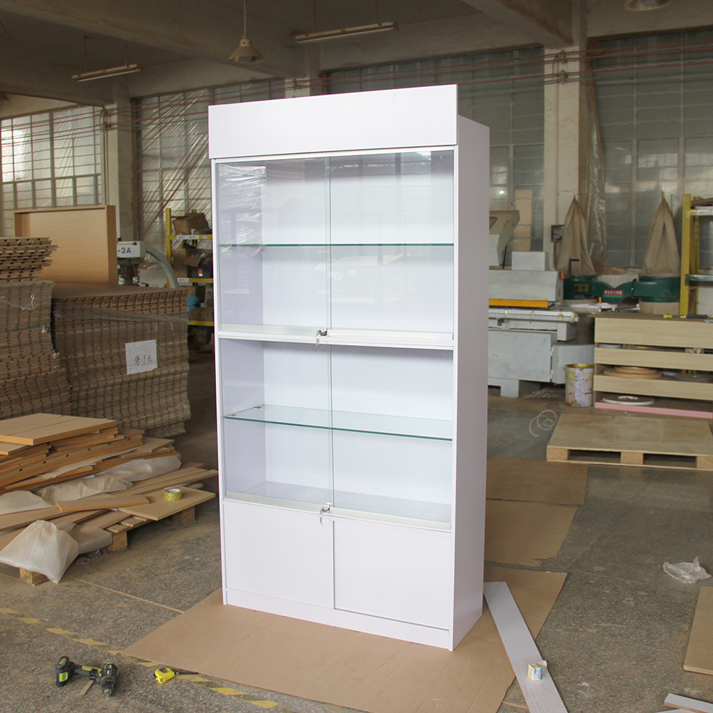 Full vision mdf slatwall and tempered glass smoke shop glass display cabinet showcases for handbags glass display showcase