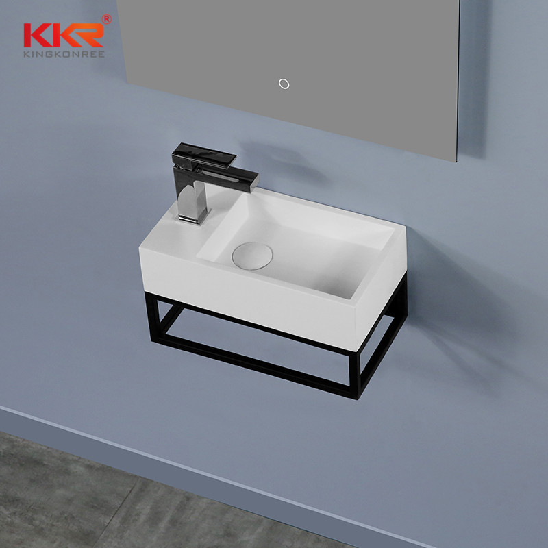 Solid surface small wall hung washbasin with stainless steel shelf square mini basin for balcony solid surface tiny washbasin