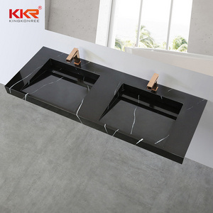 Solid surface double sink bathroom vanity solid marble hand wash basin wall hung stone black basin