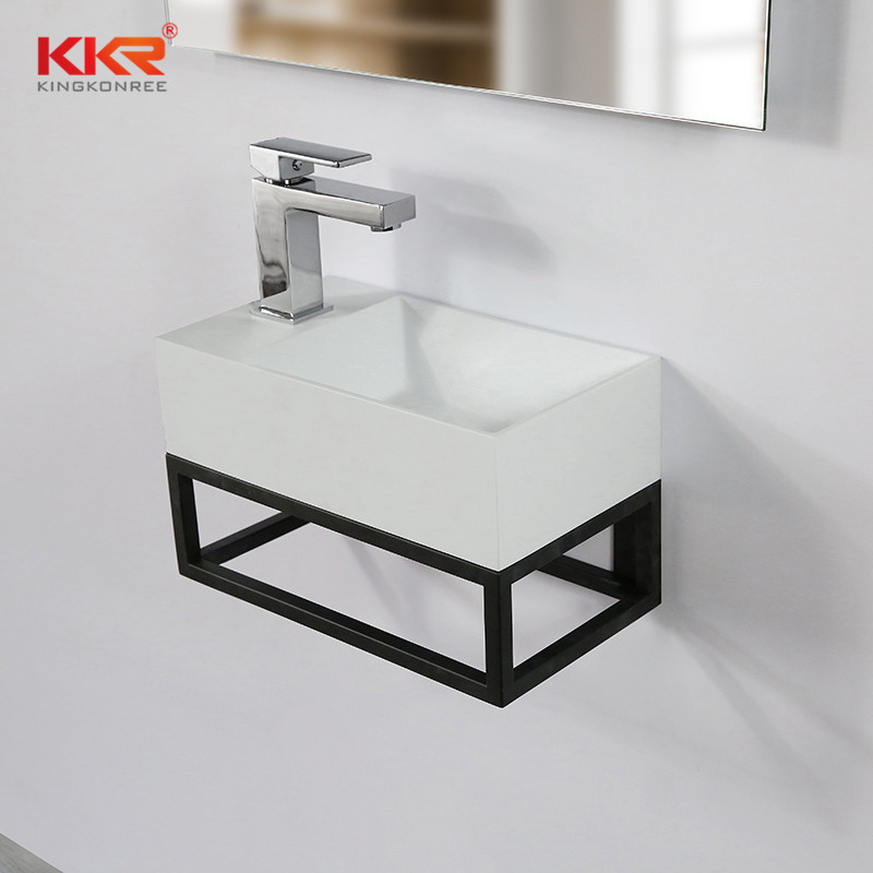 Solid surface small wall hung washbasin with stainless steel shelf square mini basin for balcony solid surface tiny washbasin