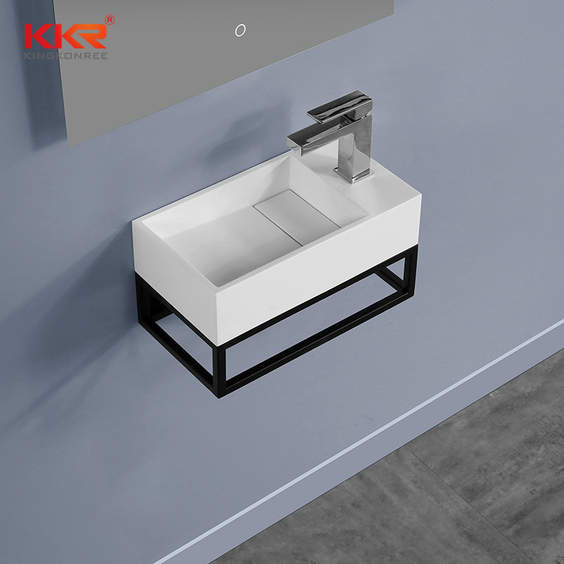 Solid surface small wall hung washbasin with stainless steel shelf square mini basin for balcony solid surface tiny washbasin