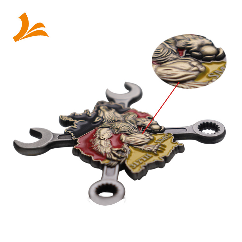 Custom werwolf spanner high quality zinc alloy metal irregular shape 3D coin double antique plated coin