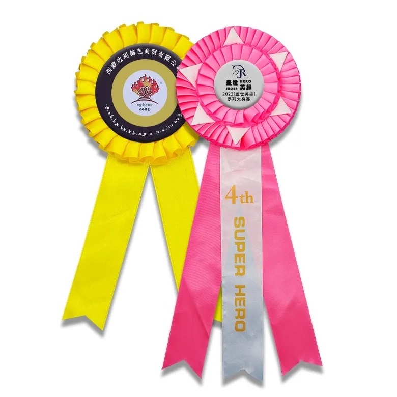 No Minimum Custom 100% Polyester Colorful Ribbon Rosette with Button Badge