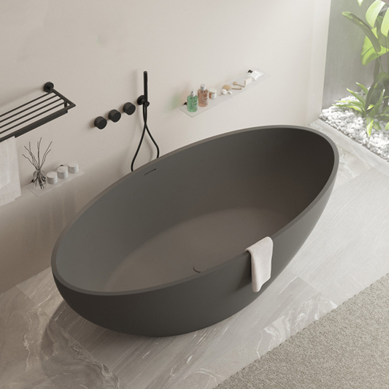 Modern Grey Hot Tub Center Drain Oval Soaking Tub Acrylic Freestanding Marble bathtub