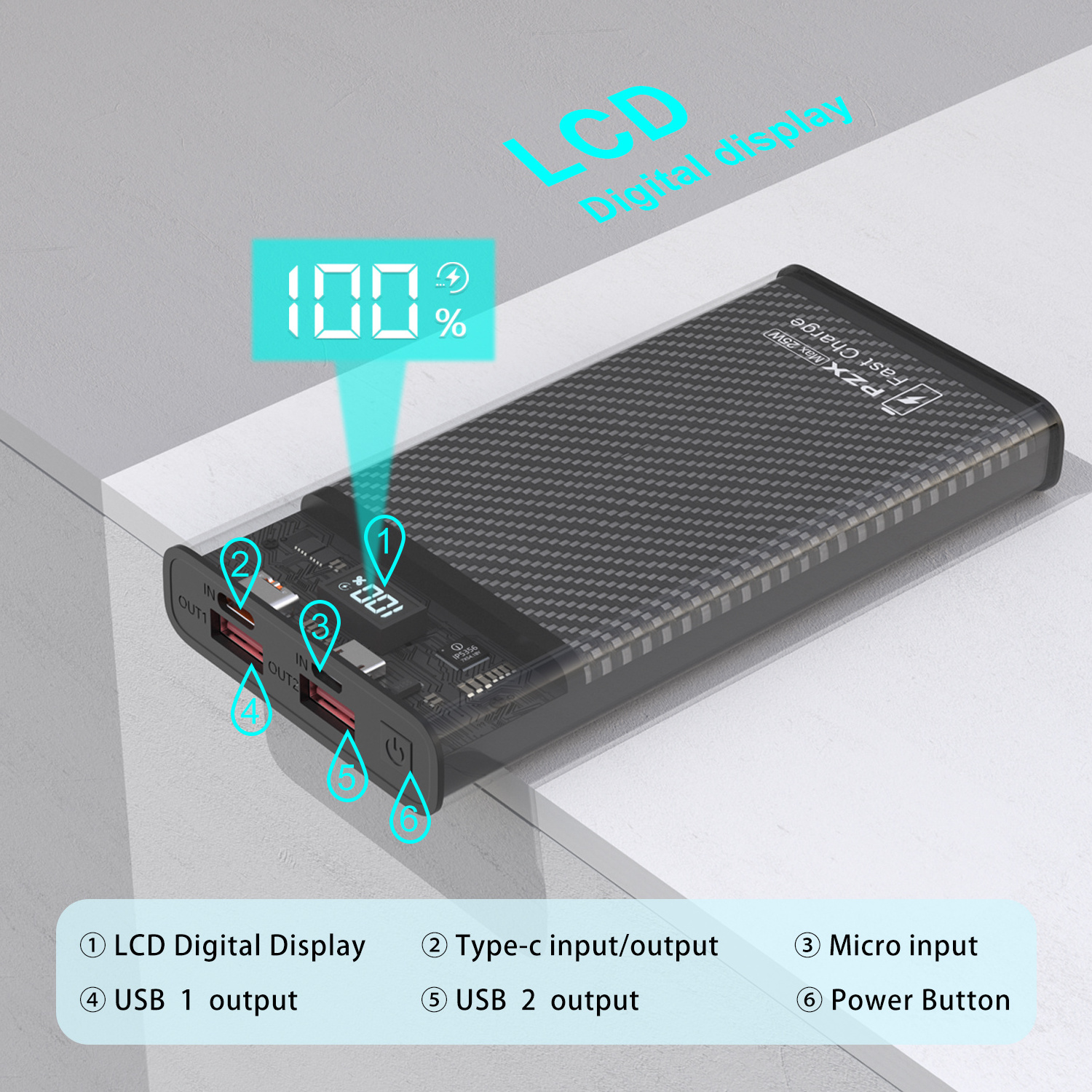 2023 New product PZX V71 Portable Charger 3 USB Slim Fast 10000mAh Type-c Input Output 5V 2A High-Speed LED Display Power Bank