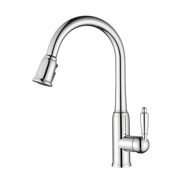 Newly Pull Down Brass Sink Kitchen Tap Single Level Chrome Plating White Kitchen Faucet