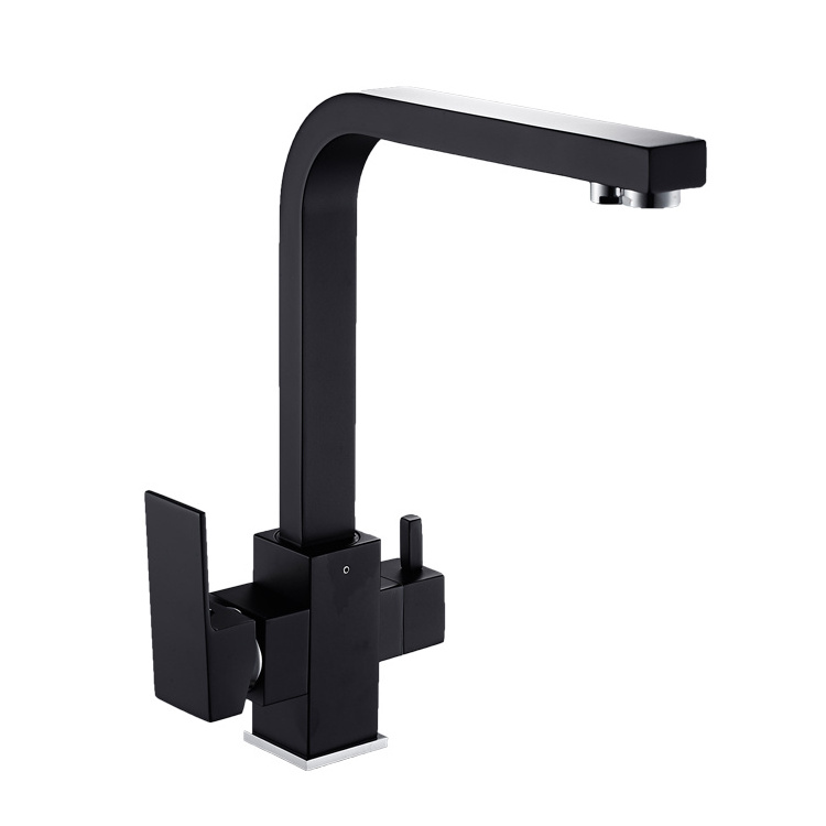 Square Black Kitchen Sink Faucet for Water Filter Brass Single Handle 3 Way Water Purifier Faucet