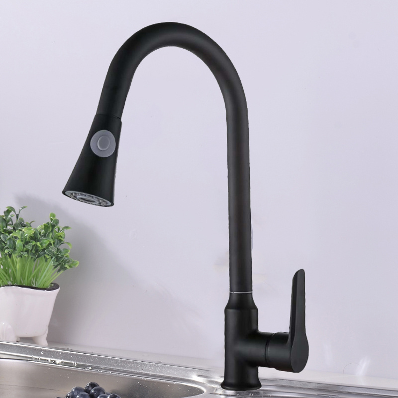 Polished Sink Pull Down Out Deck Mounted Copper Goose Neck Flexible Black Kitchen Faucet