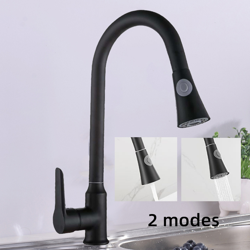 Polished Sink Pull Down Out Deck Mounted Copper Goose Neck Flexible Black Kitchen Faucet