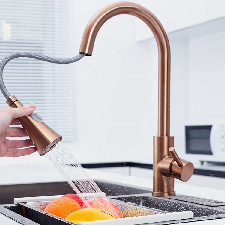 Wholesale Kitchen Sink Taps Pull out Down 2 Mode Rose Gold 304 Stainless Steel Faucet