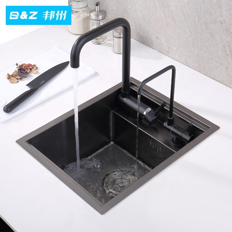 Kinglions Black Hidden Kitchen Sink Washbasin Stainless Steel Hand-made Sink Single Sink for Bar Small Basin Balcony Pool